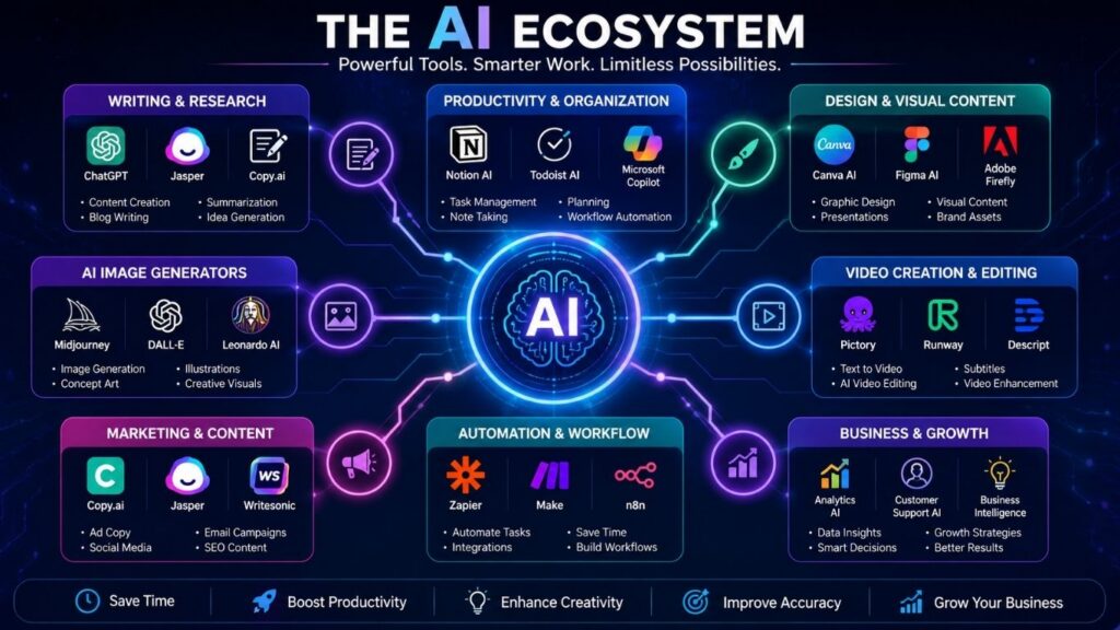 AI ecosystem including writing productivity marketing design and video tools