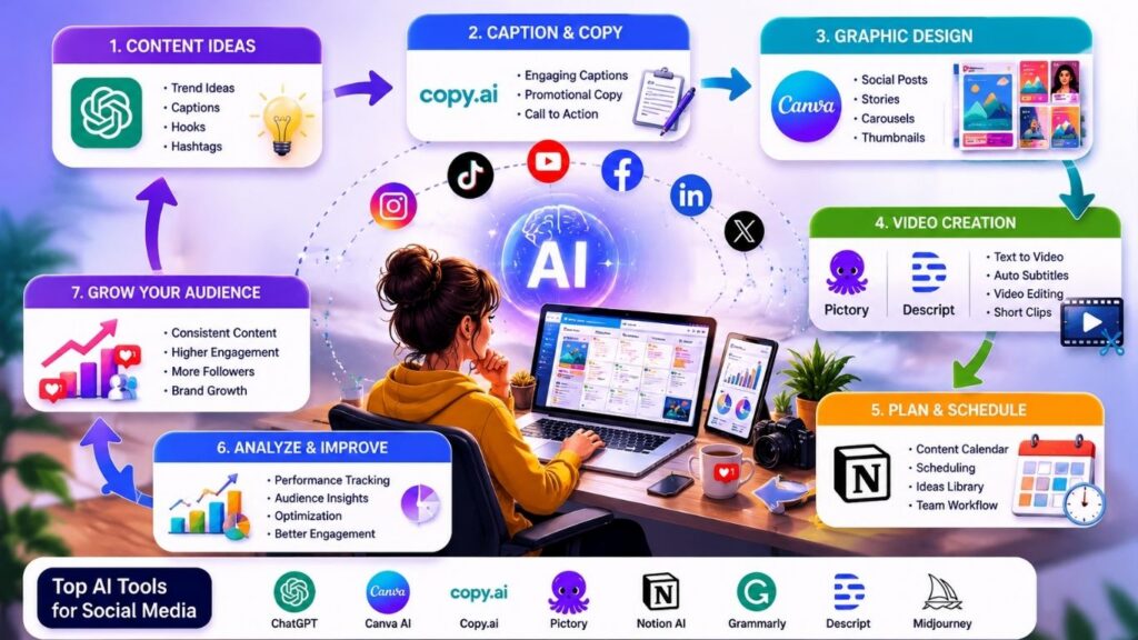 AI social media workflow with content creation, design, planning, analytics, and video tools