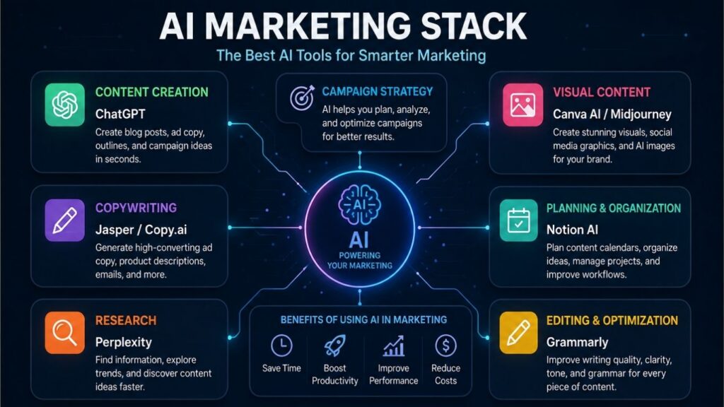 AI marketing stack showing content creation, research, copywriting, design, and planning tools
