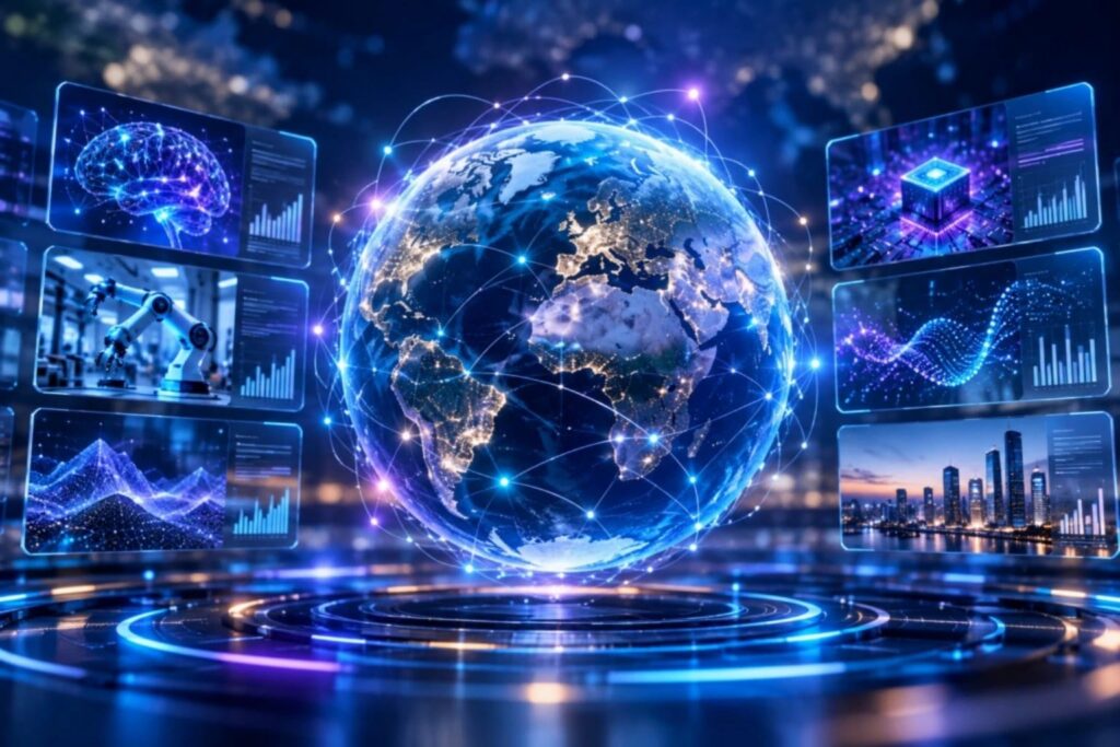 Glowing blue digital globe connected to artificial intelligence dashboards, robotics and global technology networks