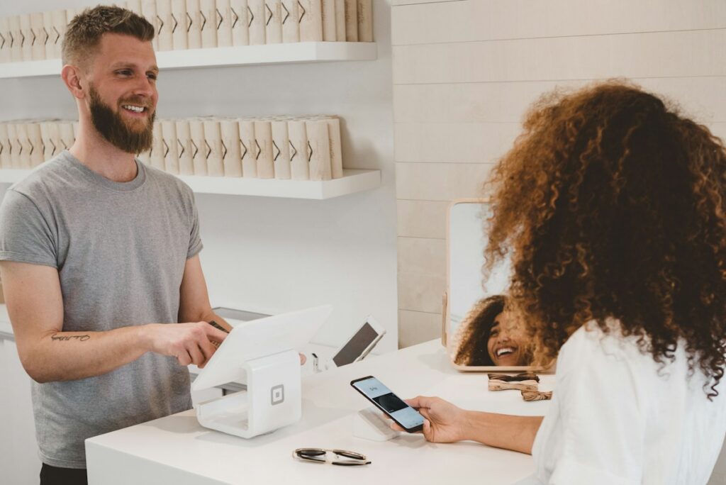 Customer service interaction at a counter