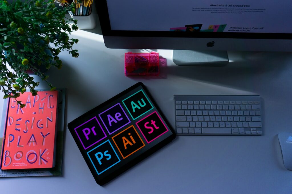 Colorful visual design materials on a desk